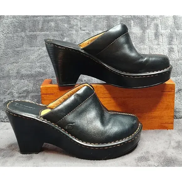 BORN Women's 6 Black Leather Slip-on Comfort Heeled Mule Clog Shoes - Picture 3 of 9